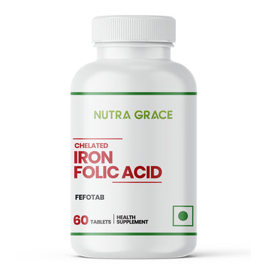 Nutra Grace Chelated Iron Folic Acid Supplement with Vitamin C, E, B12, Zinc & Selenium | 60 Tablets